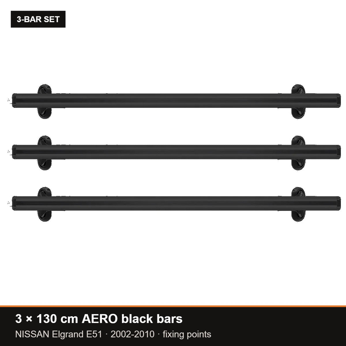 AMOS Roof Rack fits NISSAN Elgrand E51 MPV 5-door 2002-2010 (fixing points) – 3 x 130 cm AERO black bars