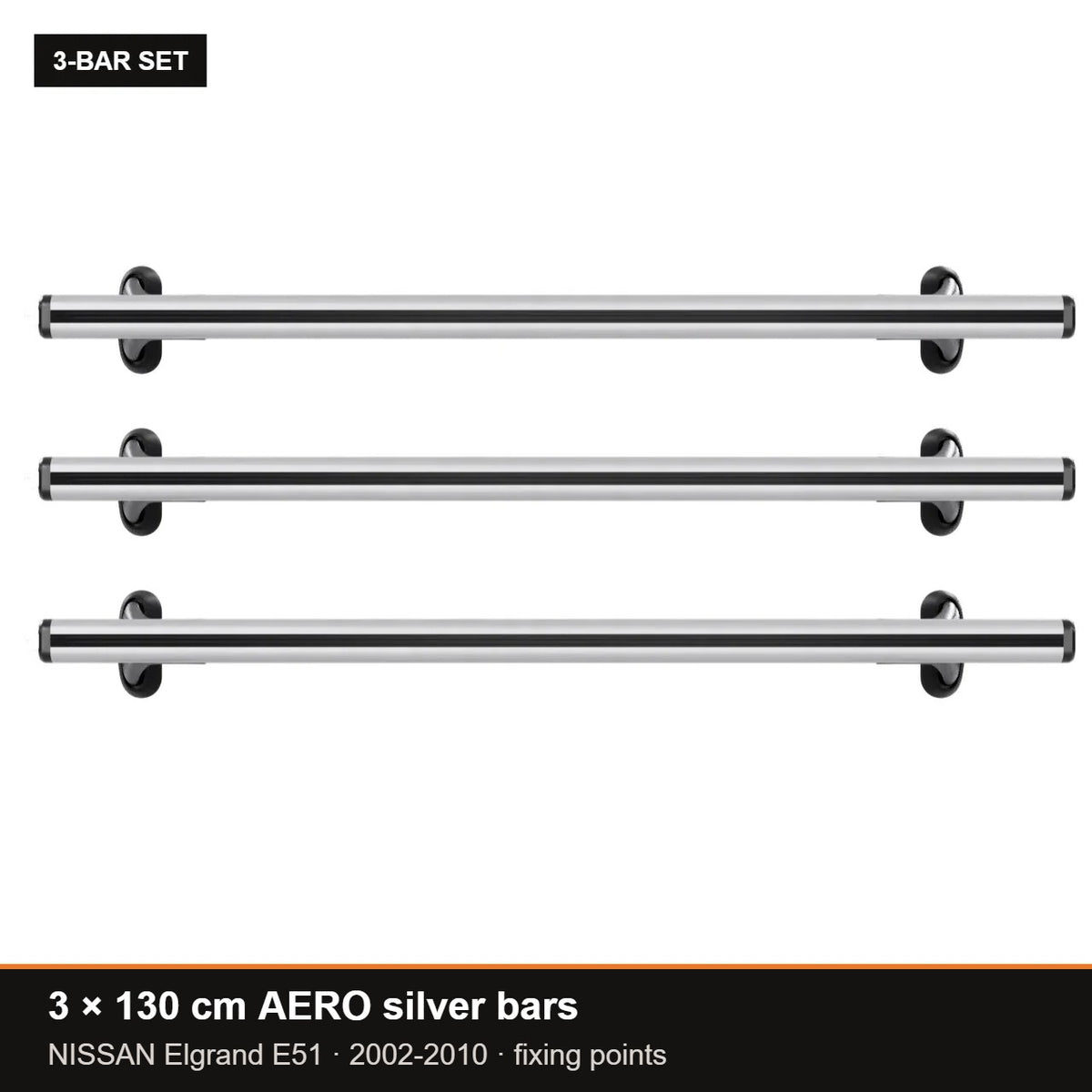 AMOS Roof Rack fits NISSAN Elgrand E51 MPV 5-door 2002-2010 (fixing points) – 3 x 130 cm AERO silver bars
