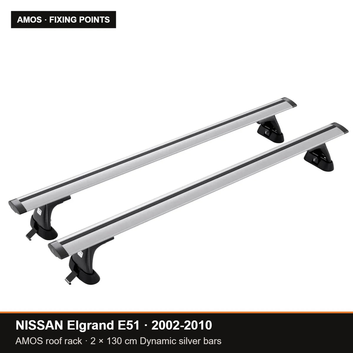 AMOS Roof Rack fits NISSAN Elgrand E51 MPV 5-door 2002-2010 (fixing points) – 130 cm Dynamic silver bars