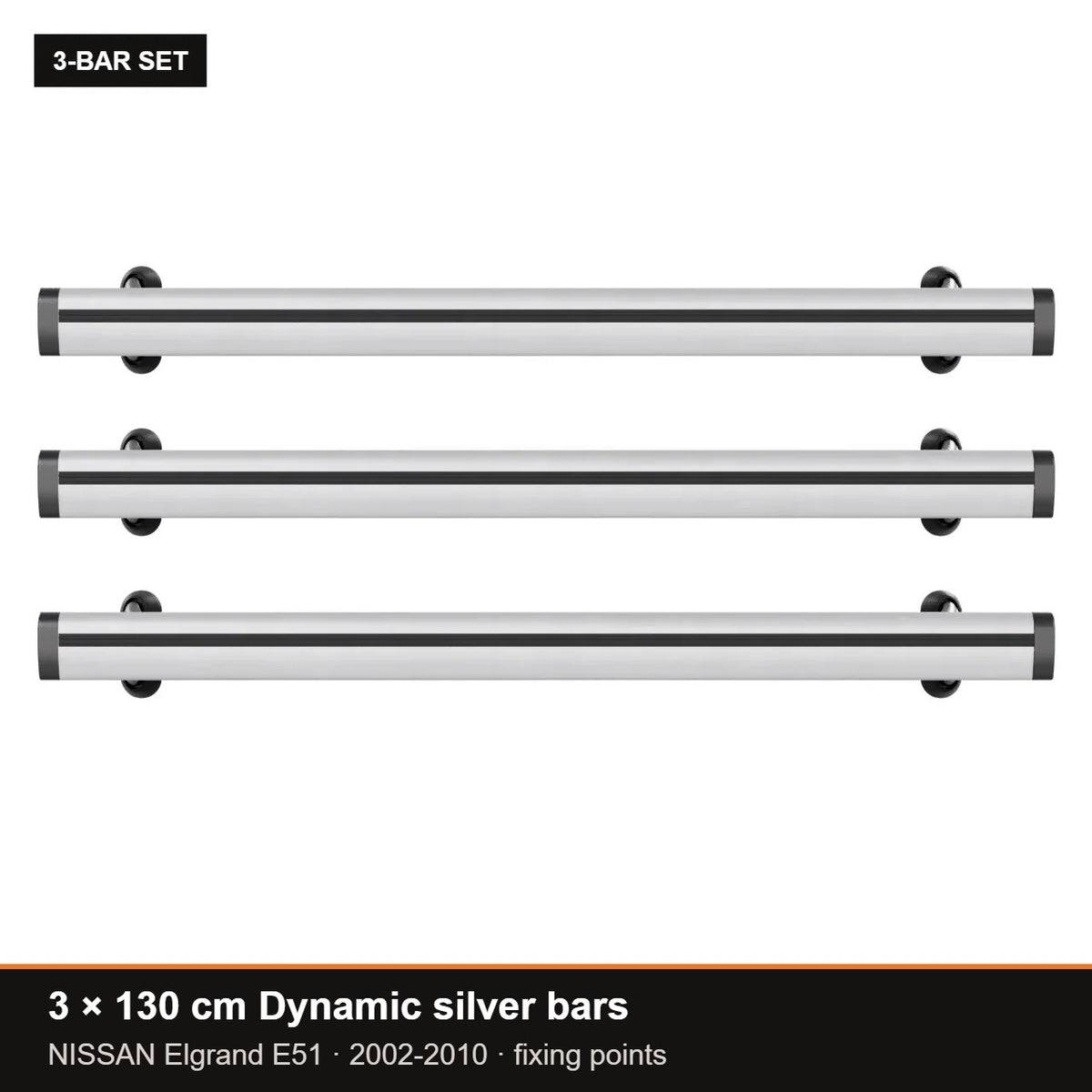 AMOS Roof Rack fits NISSAN Elgrand E51 MPV 5-door 2002-2010 (fixing points) – 3 x 130 cm Dynamic silver bars