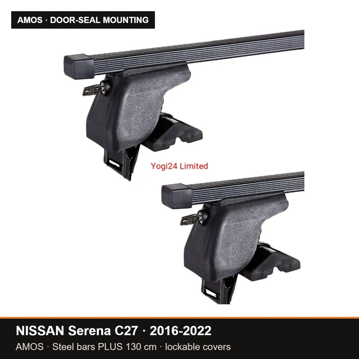 AMOS Roof Rack fits NISSAN Serena C27 MPV 5-door 2016-2022 (door-seal mounting points) – 130 cm steel bars PLUS (lockable)