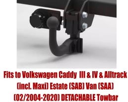Detachable Swan Neck Tow Bar For Volkswagen Caddy III (incl. Maxi) (excl. CNG) (2007-15)/Caddy IV (incl. Maxi) (excl. CNG) (2015-20)/ Caddy Alltrack Estate (SAB) Van (SAA) (excl. CNG) (2015-2020) V-029